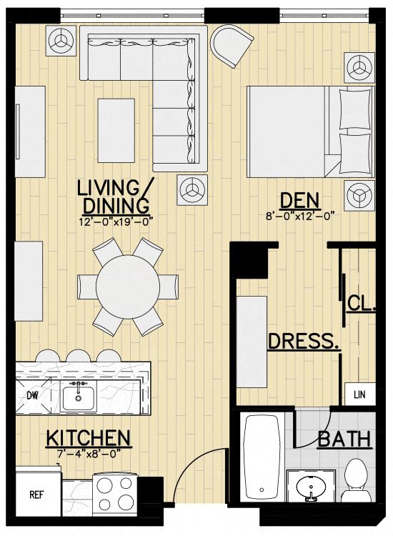 Floor plan for studio, 1 bath, 578 sqft